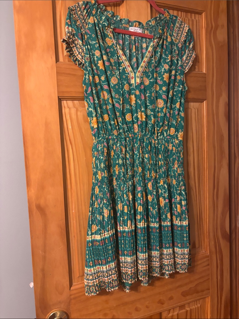 Current Air Teal Floral Smocked Mini Dress with Yellow Accents